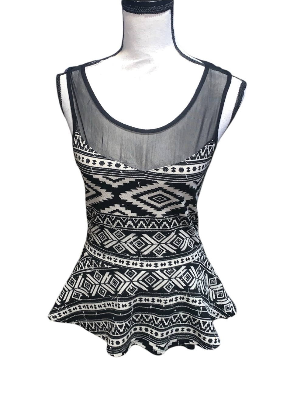 Teenbell Black and White Aztec Peplum Tank Top with Sheer Yoke